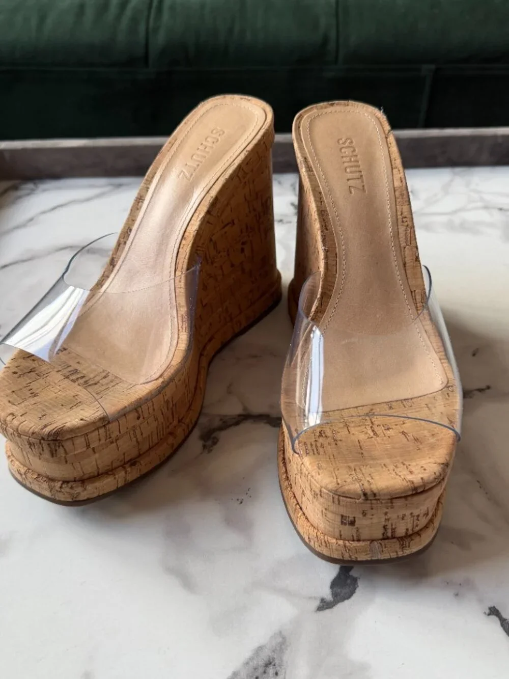 SCHUTZ Dalle Clear Vinyl Cork Platform Wedge Sandals Size 9